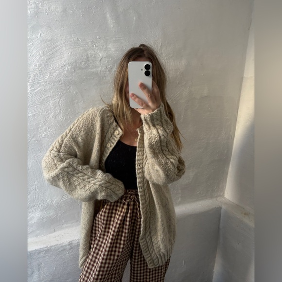 Sweaters - Handmade cream with colored speckles, knit cardigan